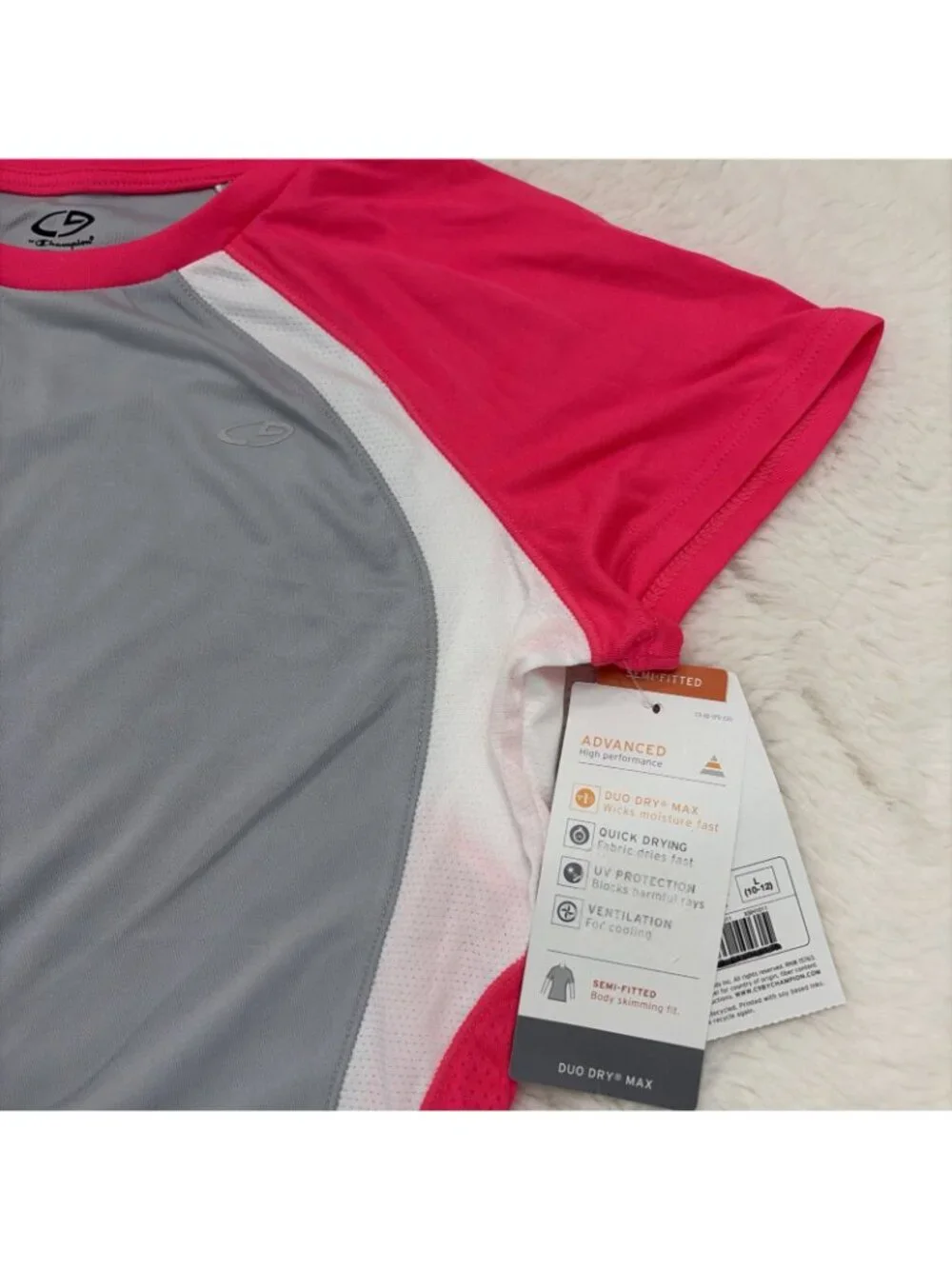 Champion Girls NWT Semi Fitted Gray Pink Athletic Tee L 10/12 UV Protection